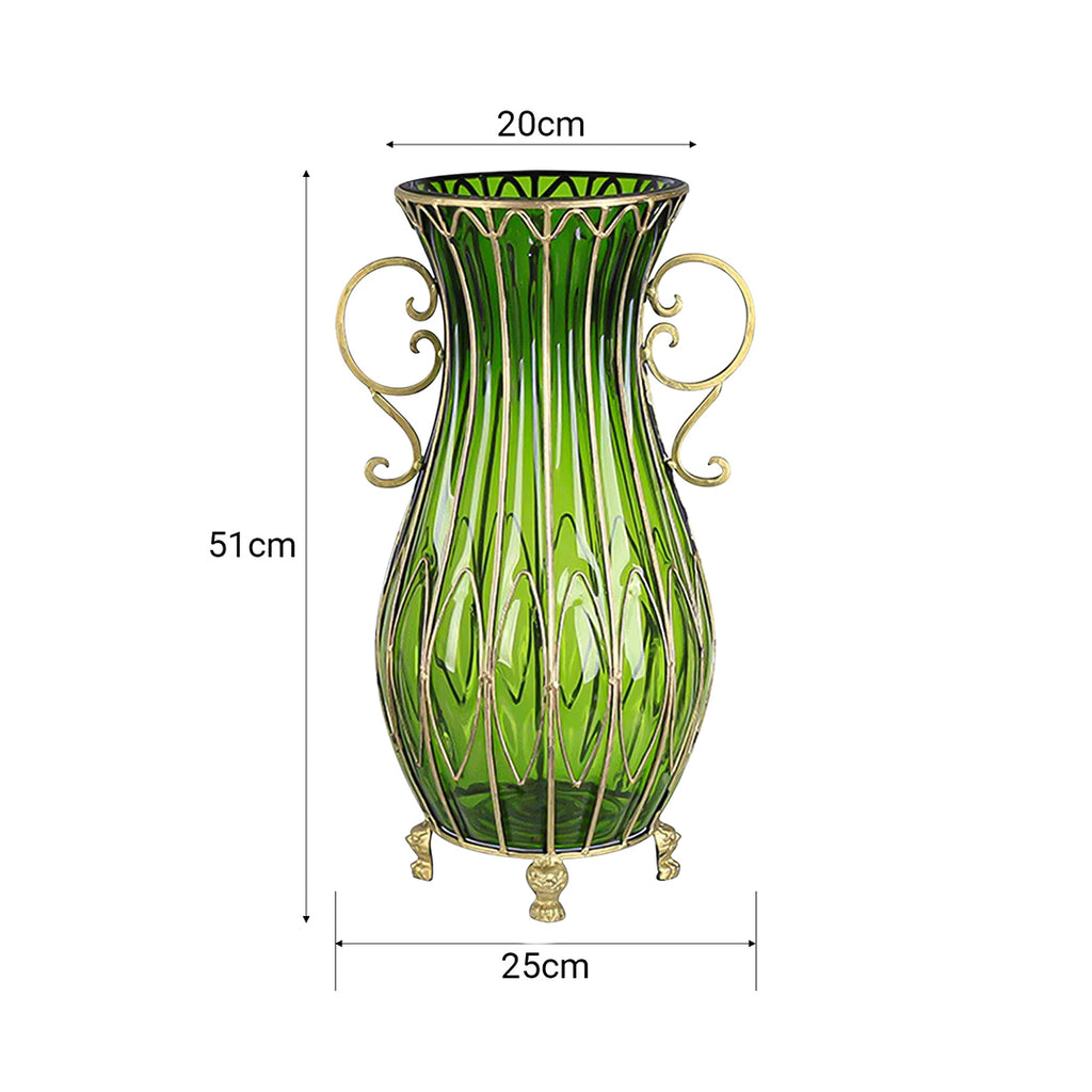 51cm Green Glass Floor Vase and 10pcs White Artificial Flower Set