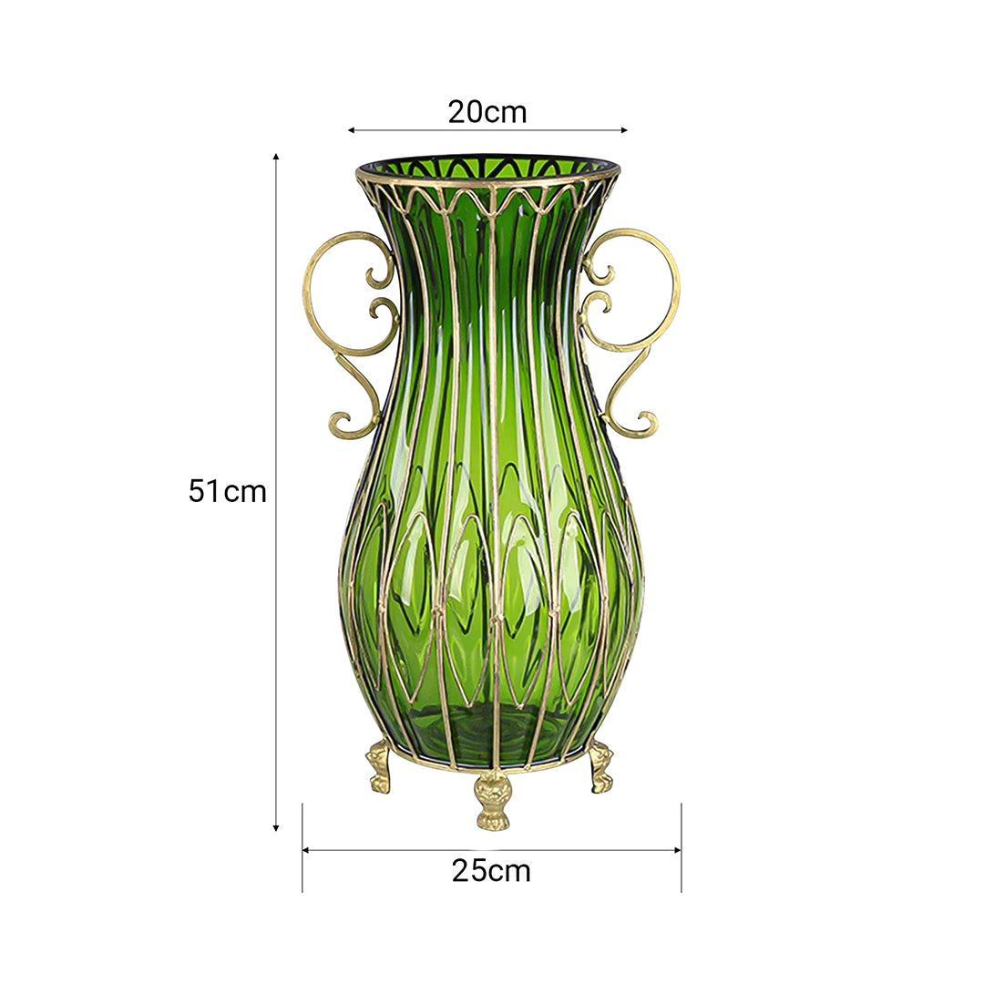 51cm Green Glass Floor Vase and 10pcs White Artificial Flower Set