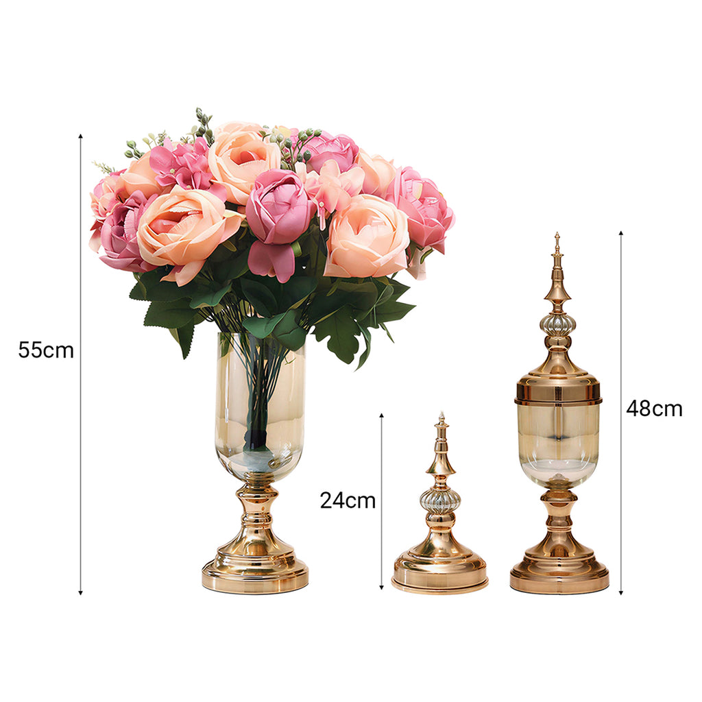 2x Clear Gold Glass Vase with Lid and Pink Flower Set