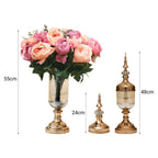 2x Clear Gold Glass Vase with Lid and Pink Flower Set