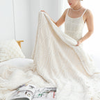 SOGA 200x230cm Throw Blanket White Chenille Fleece Knitted Fabric on One Side Soft Suede
