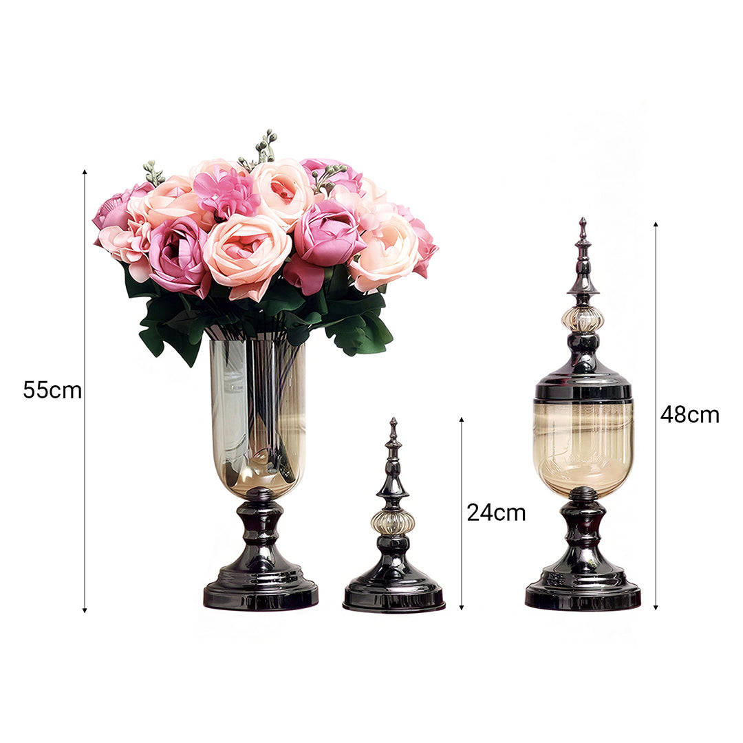 2x Clear Black Glass Vase with Lid and Pink Flower Set