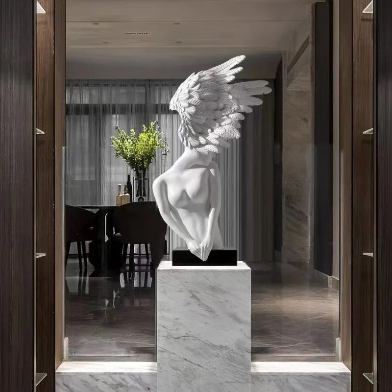 SOGA 86cm White Winged Figure Sculpture with Marble Base
