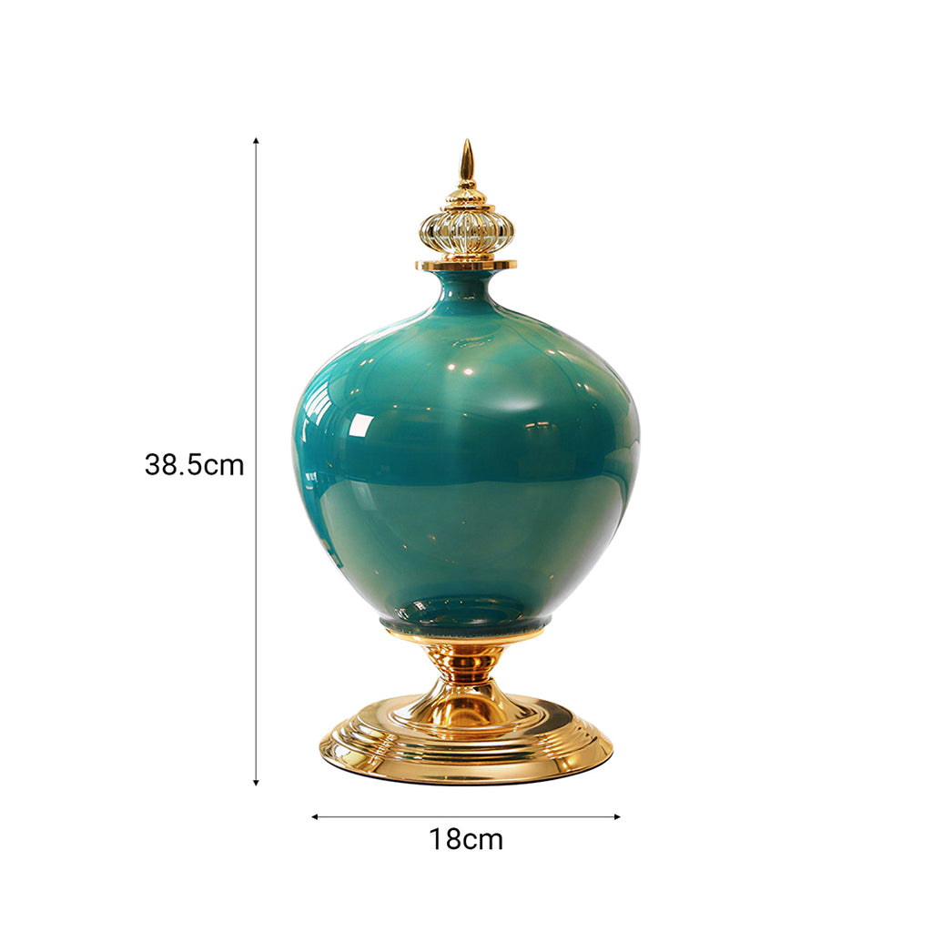 38cm Ceramic Vase with Gold Metal Base Green