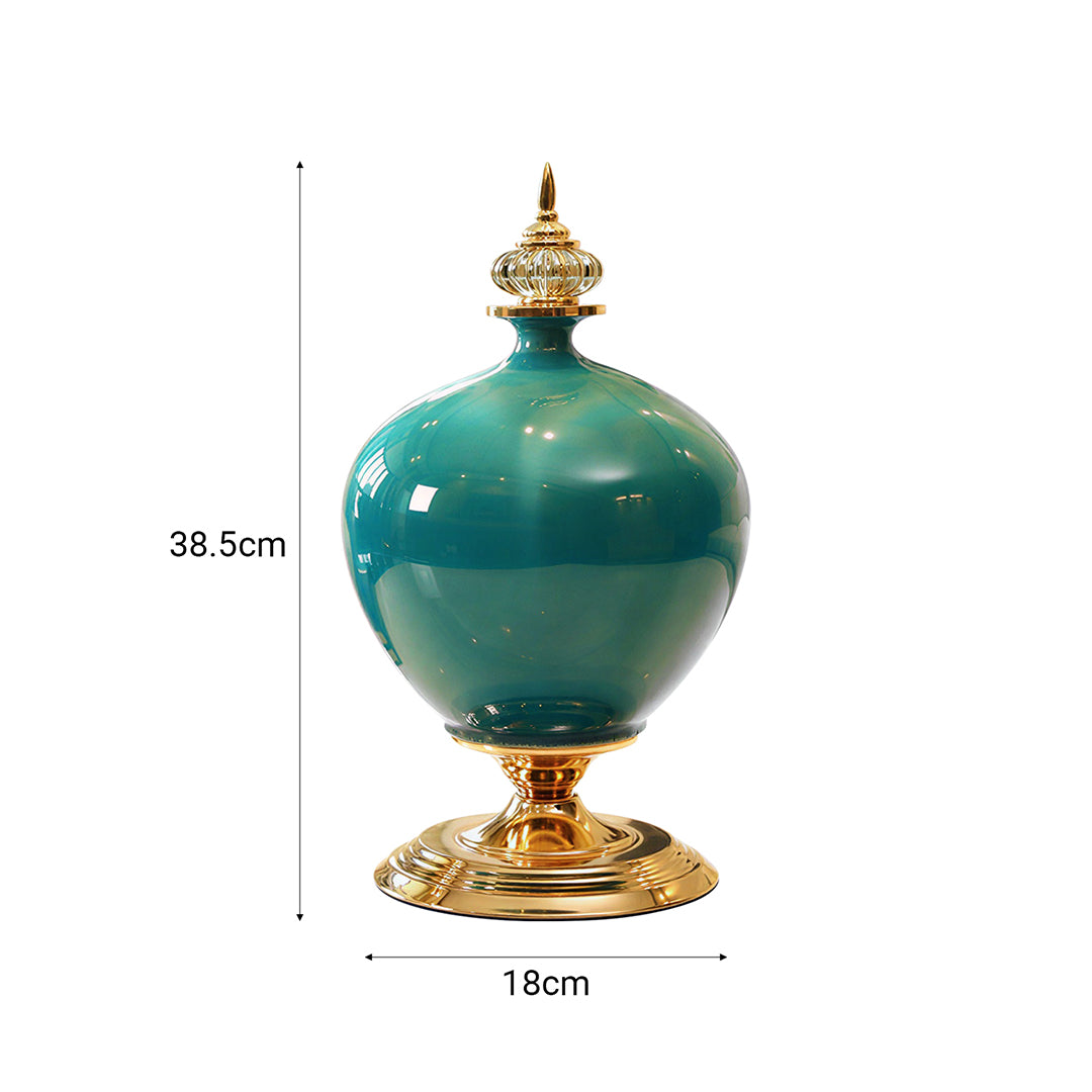 38cm Ceramic Vase with Gold Metal Base Green
