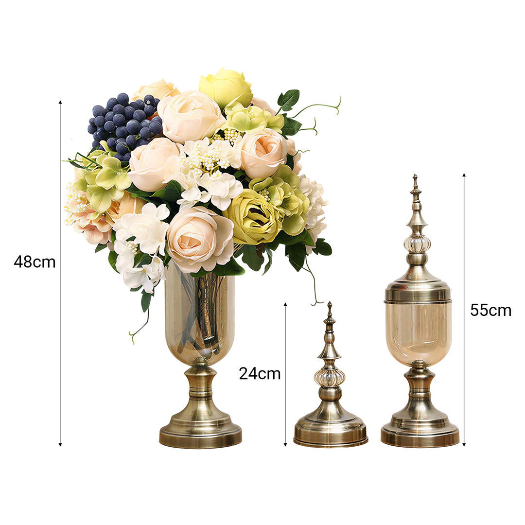 2x Clear Bronze Glass Vase with Lid and White Flower Set