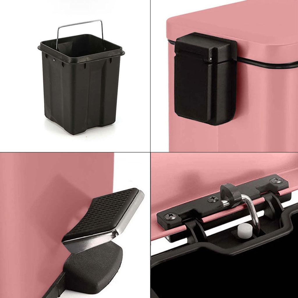Foot Pedal Stainless Steel Trash Bin Square 12L Pink