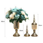 2x Clear Bronze Glass Vase with Lid and Blue Flower Set