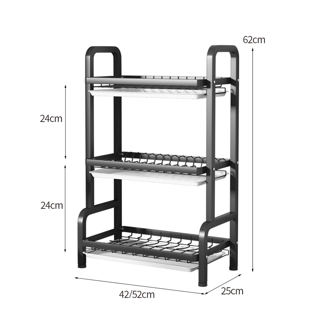 3 Tier Steel Black Kitchen Drying Rack Dish 62cm