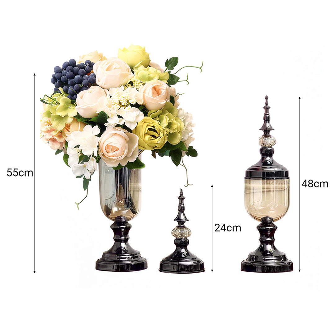 2x Clear Black Glass Vase with Lid and White Flower Set