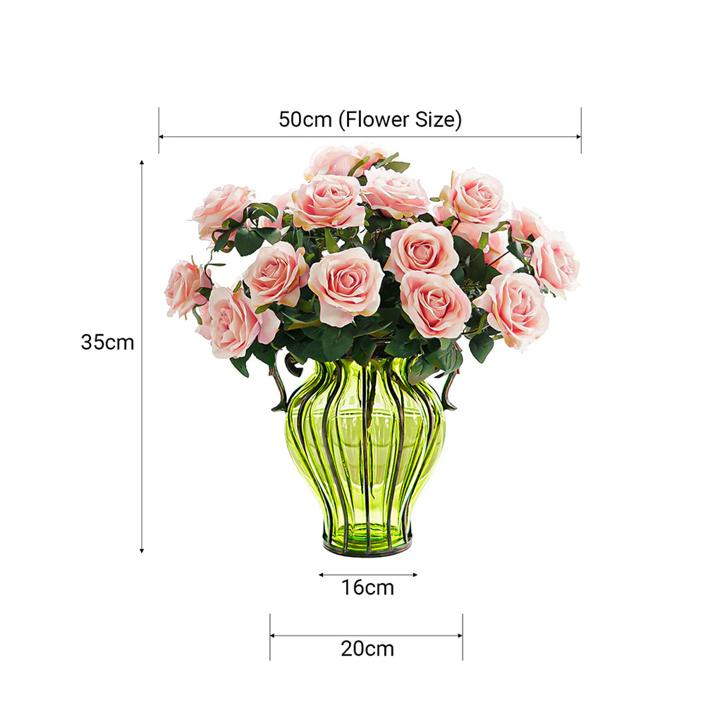Green Glass Flower Vase with 4 Bunch 9 Heads Artificial Silk Rose Set