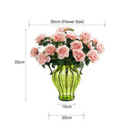 Green Glass Flower Vase with 4 Bunch 9 Heads Artificial Silk Rose Set