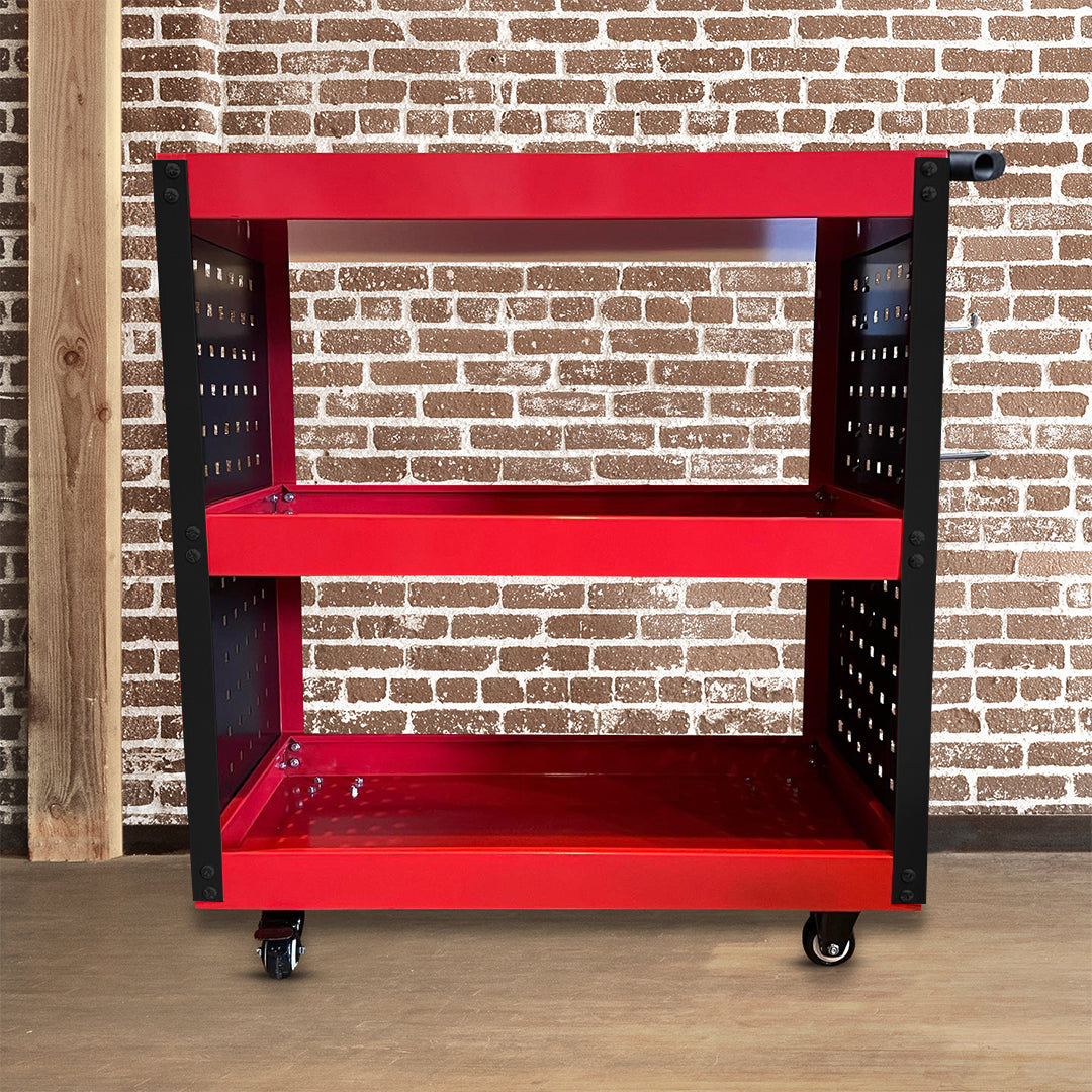 3 Tier Tool Storage Cart with Hooks Red