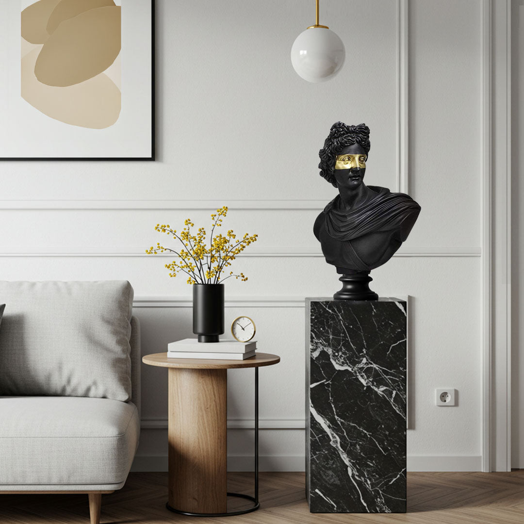 SOGA 40cm Black Classical Bust Resin Sculpture with Gold Eye Mask for Modern Home Décor