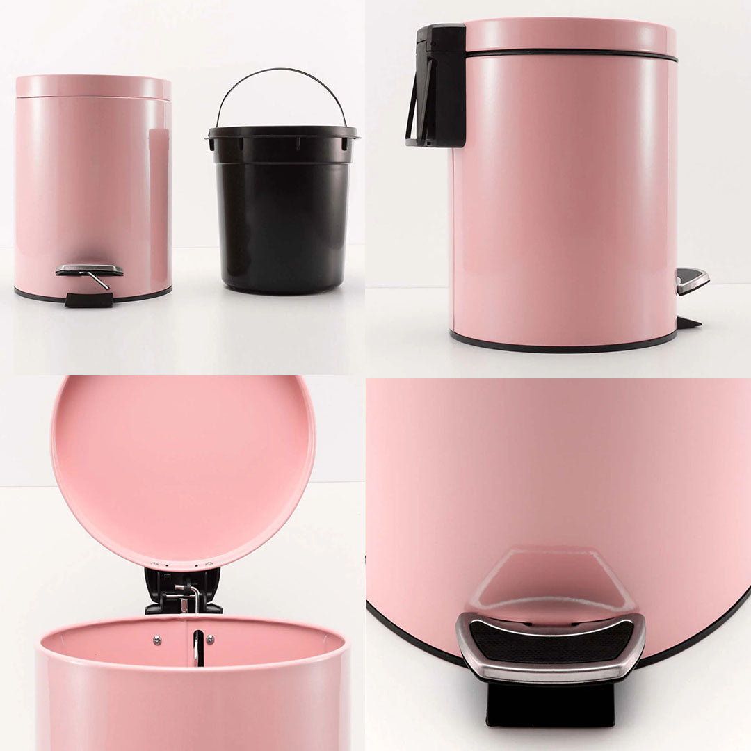 Foot Pedal Stainless Steel Trash Bin Round 12L Pink