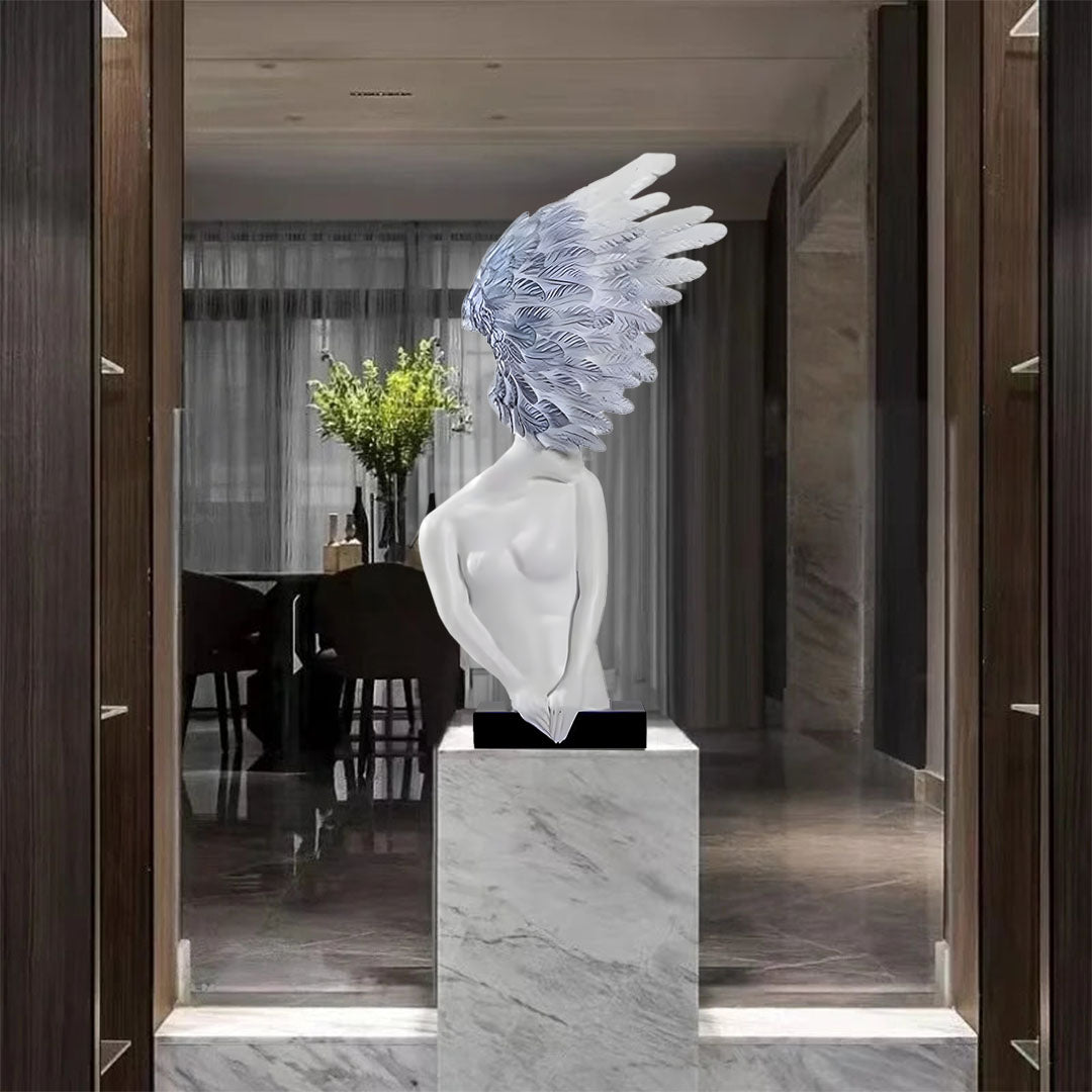 SOGA 86cm White Blue Winged Figure Sculpture with Marble Base