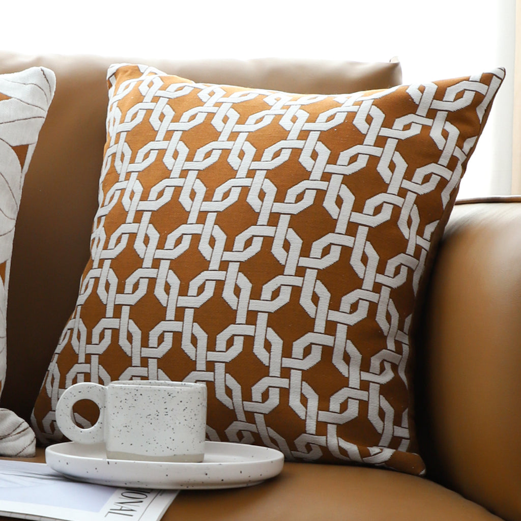 50cm Brown Checkered Chain Jacquard Square Pillow Decorative Cushion