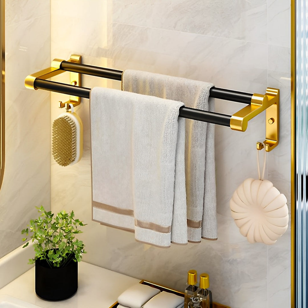 61cm Wall-Mounted Double Pole Towel Holder with Hooks