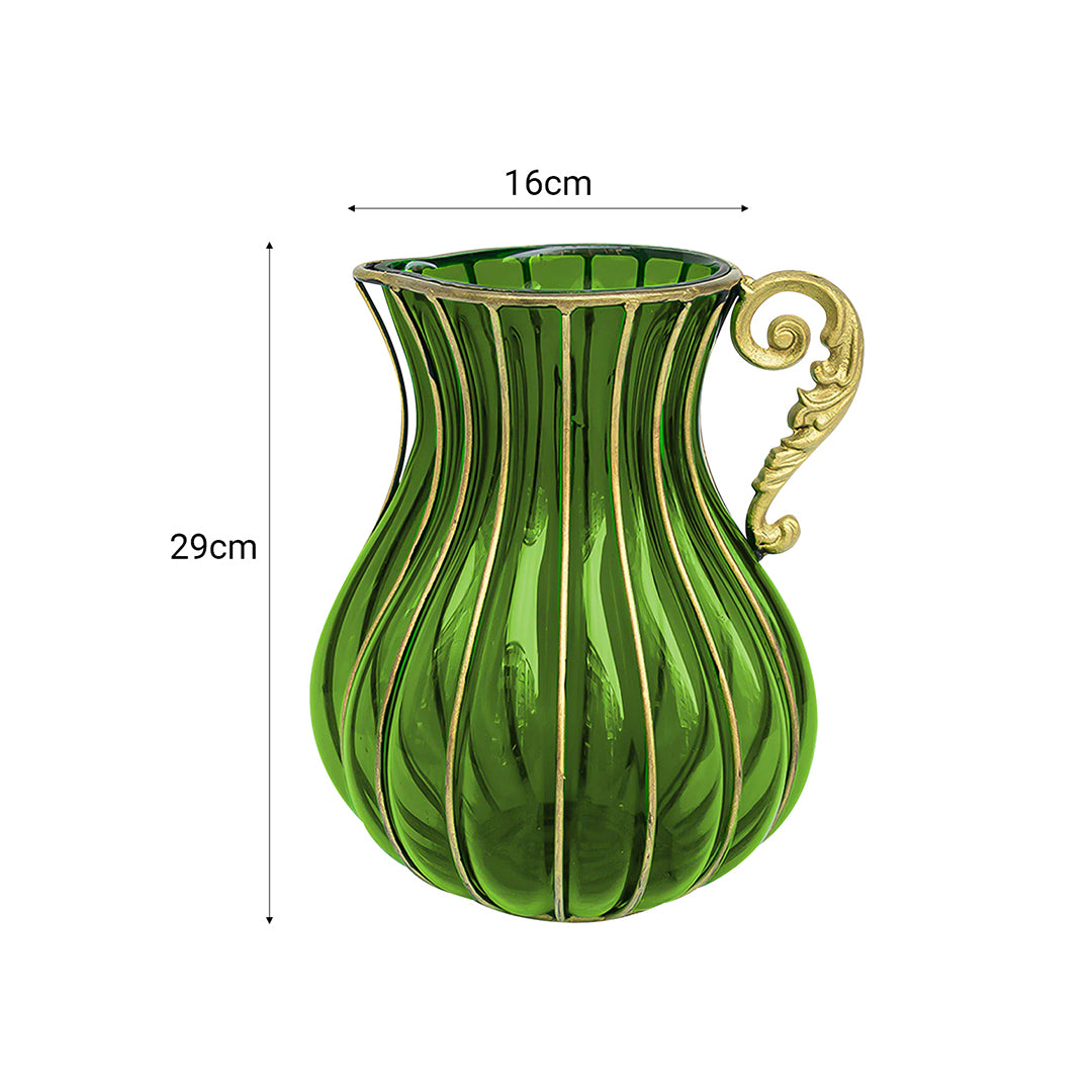 Green European Glass Flower Vase with Metal Handle