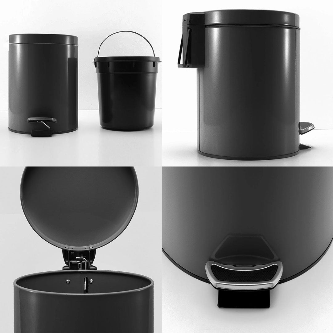 Foot Pedal Stainless Steel Trash Bin Round 12L Black