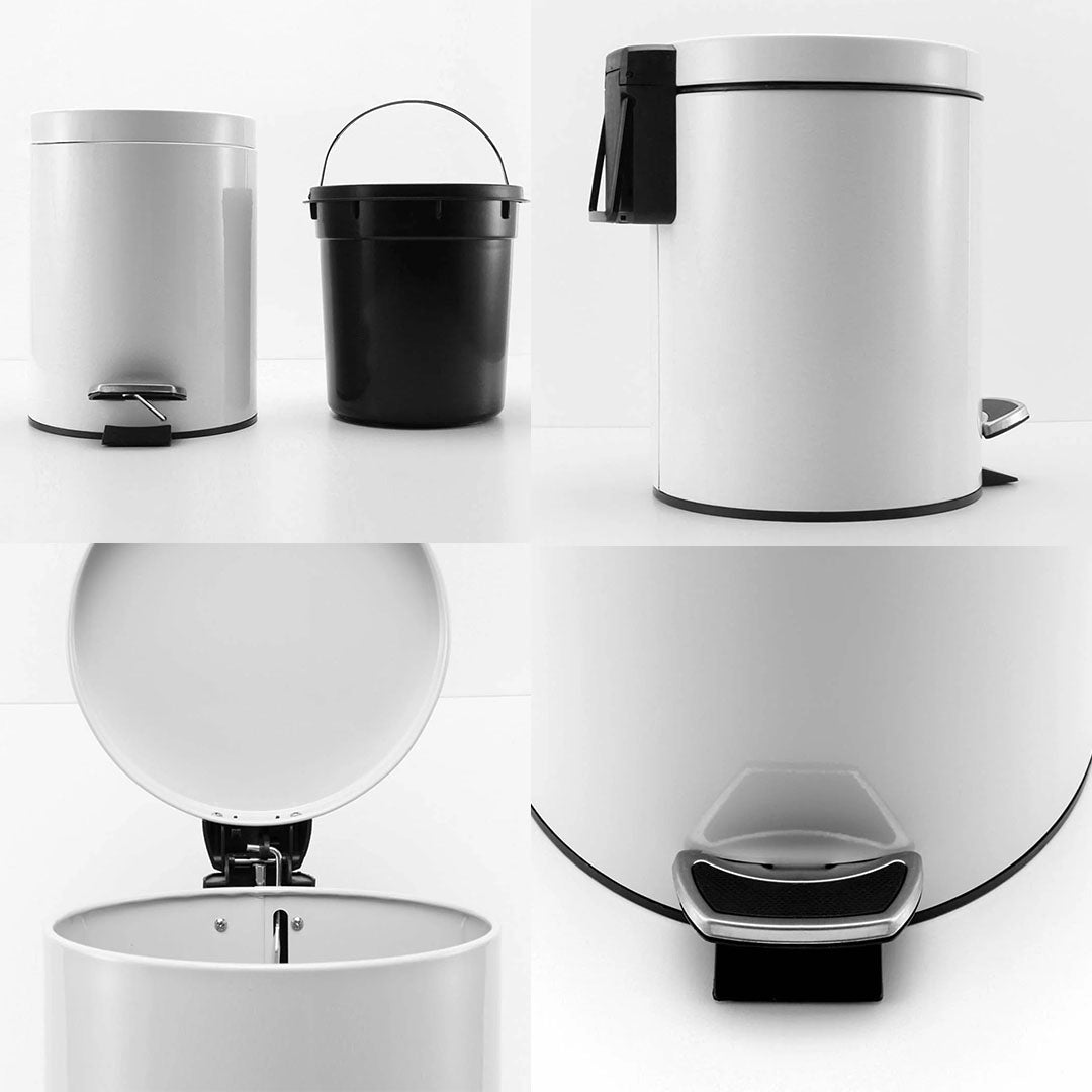 Foot Pedal Stainless Steel Trash Bin Round 7L White