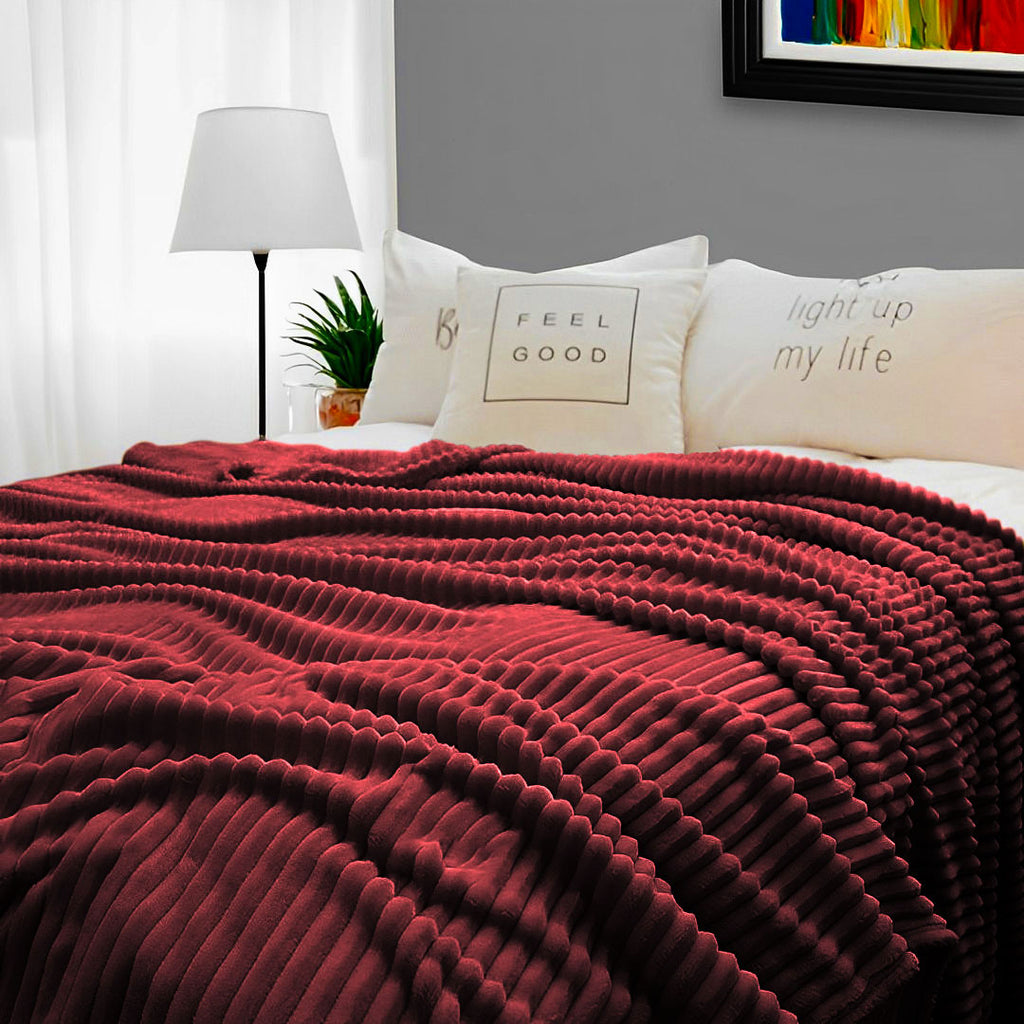 Burgundy Throw Blanket Warm Cozy Striped Pattern