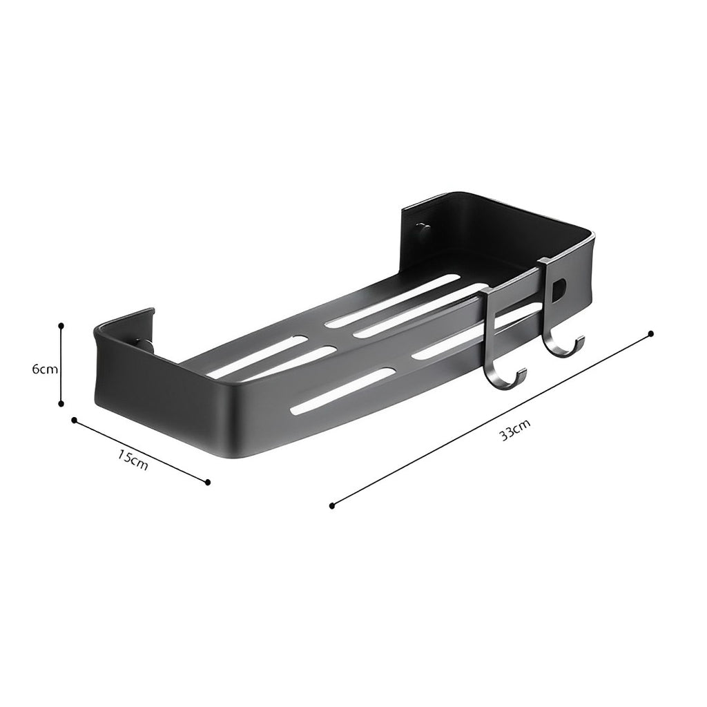 Black Wall-Mounted Rectangular Bathroom Storage Shelf Rack with Hooks