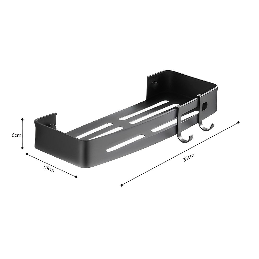 Black Wall-Mounted Rectangular Bathroom Storage Shelf Rack with Hooks