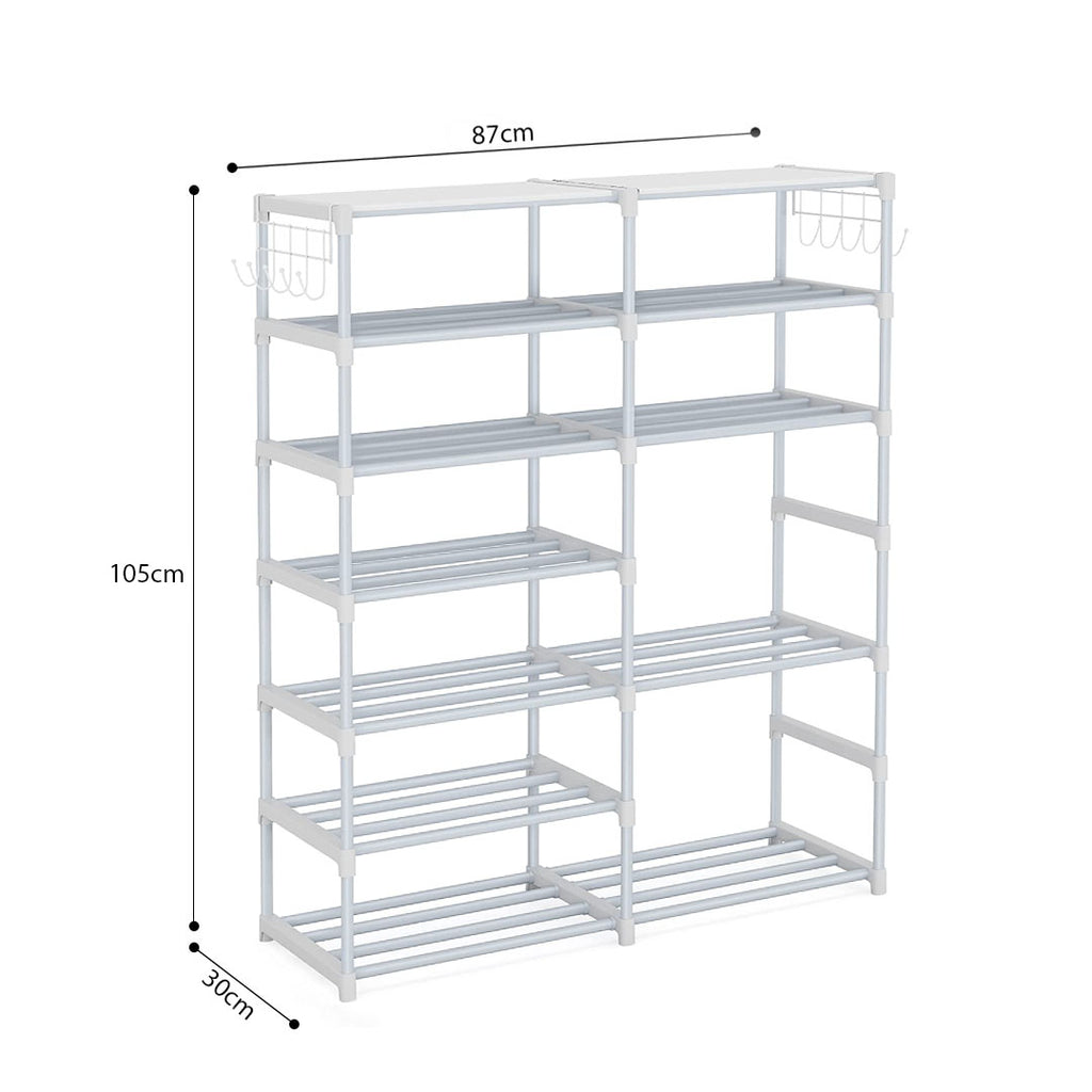 12-Shelf Tier Shoe Storage with Side Hooks White