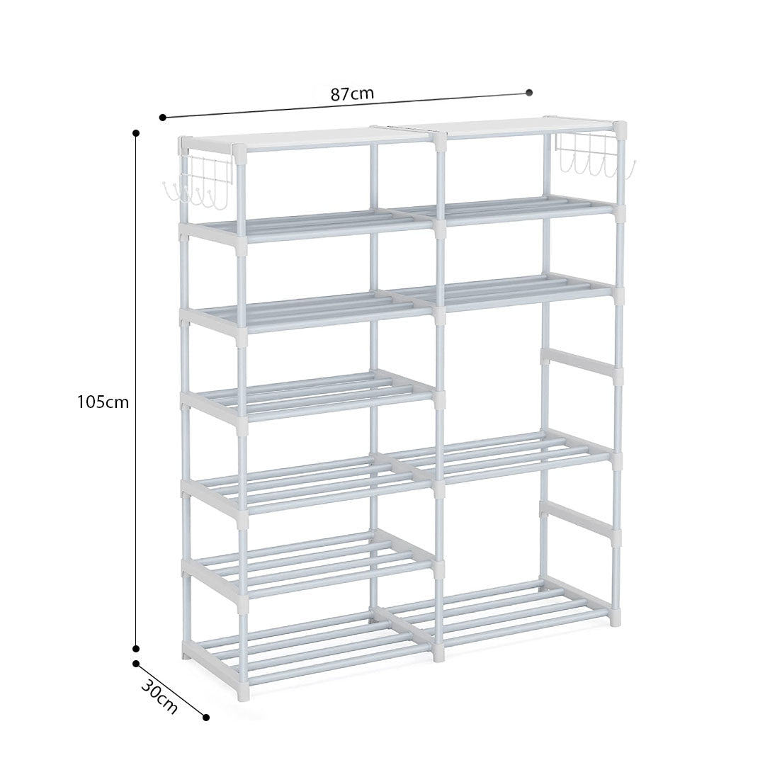 12-Shelf Tier Shoe Storage with Side Hooks White