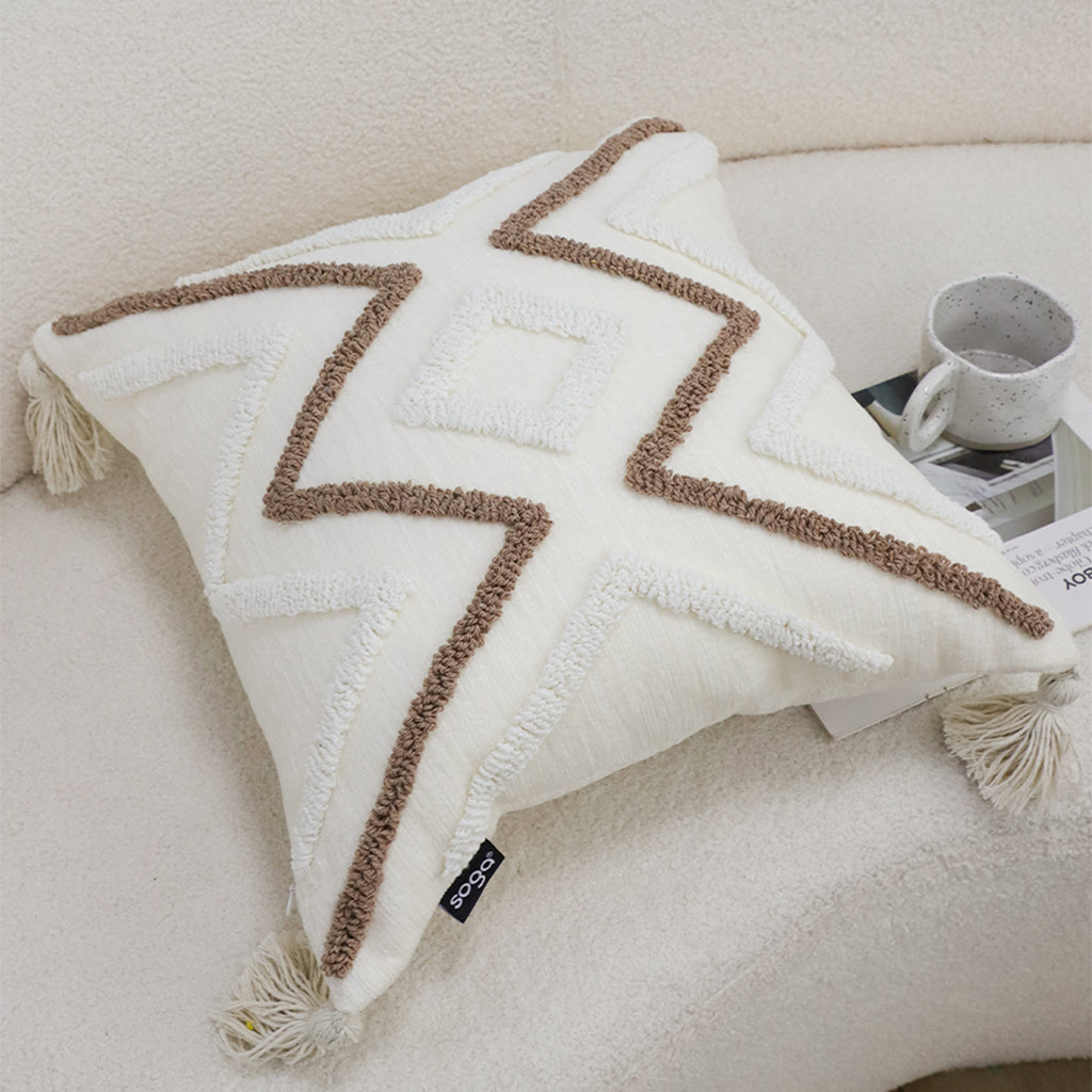 SOGA Boho Tufted Cushion 45cm Tassel White Brown Geometric Decorative Throw Pillow