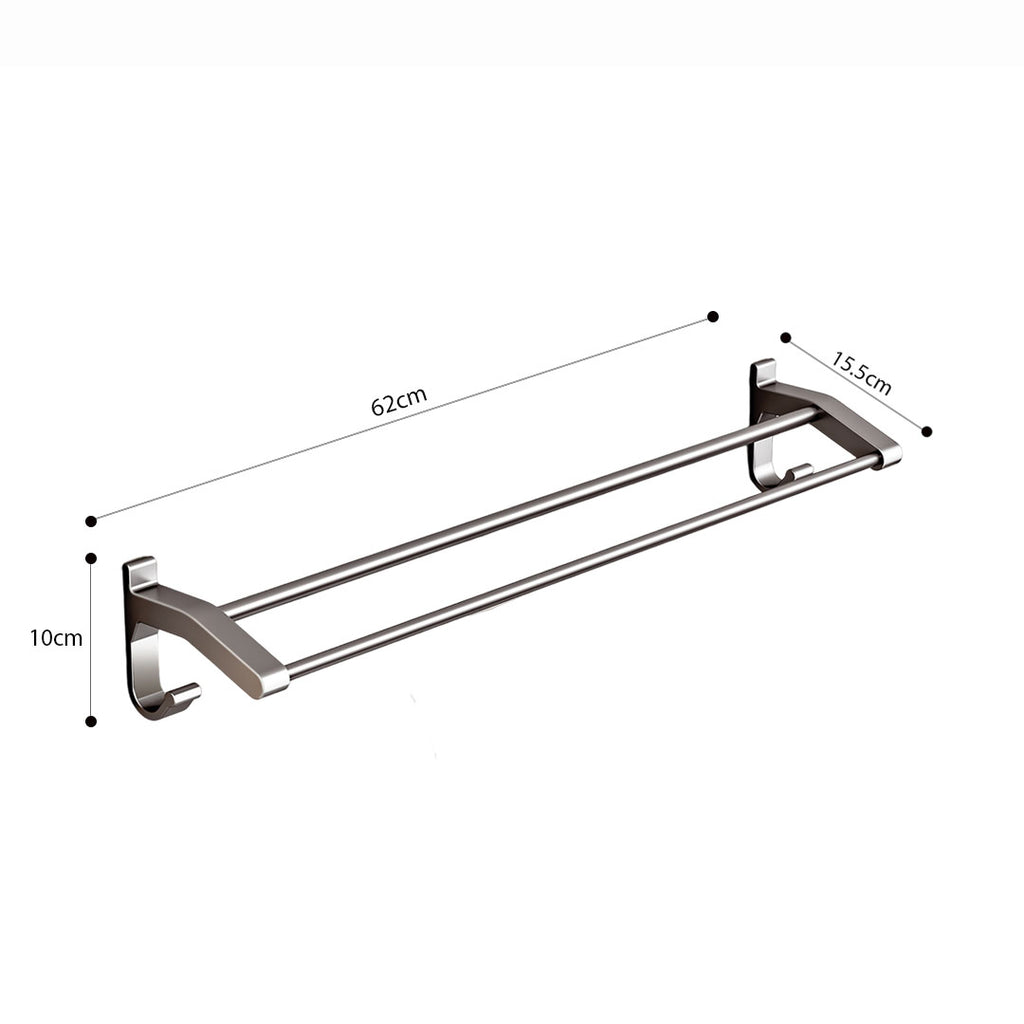 62cm Gray Wall-Mounted Double Pole Towel Holder with Hooks