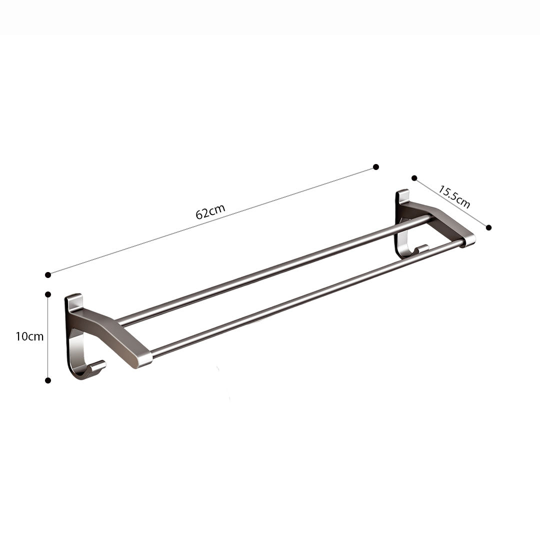 62cm Gray Wall-Mounted Double Pole Towel Holder with Hooks