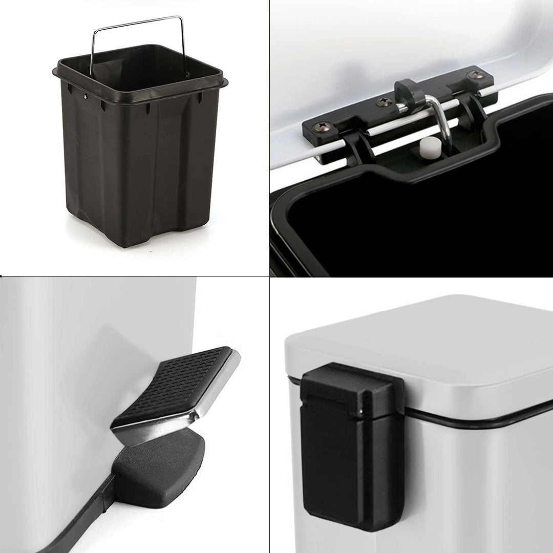 Foot Pedal Stainless Steel Trash Bin Square 12L White