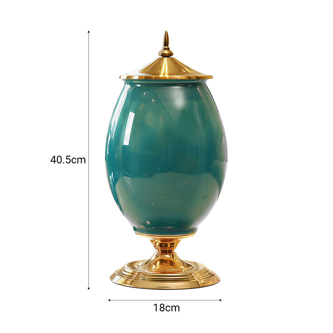 40cm Ceramic Vase with Gold Metal Base Green