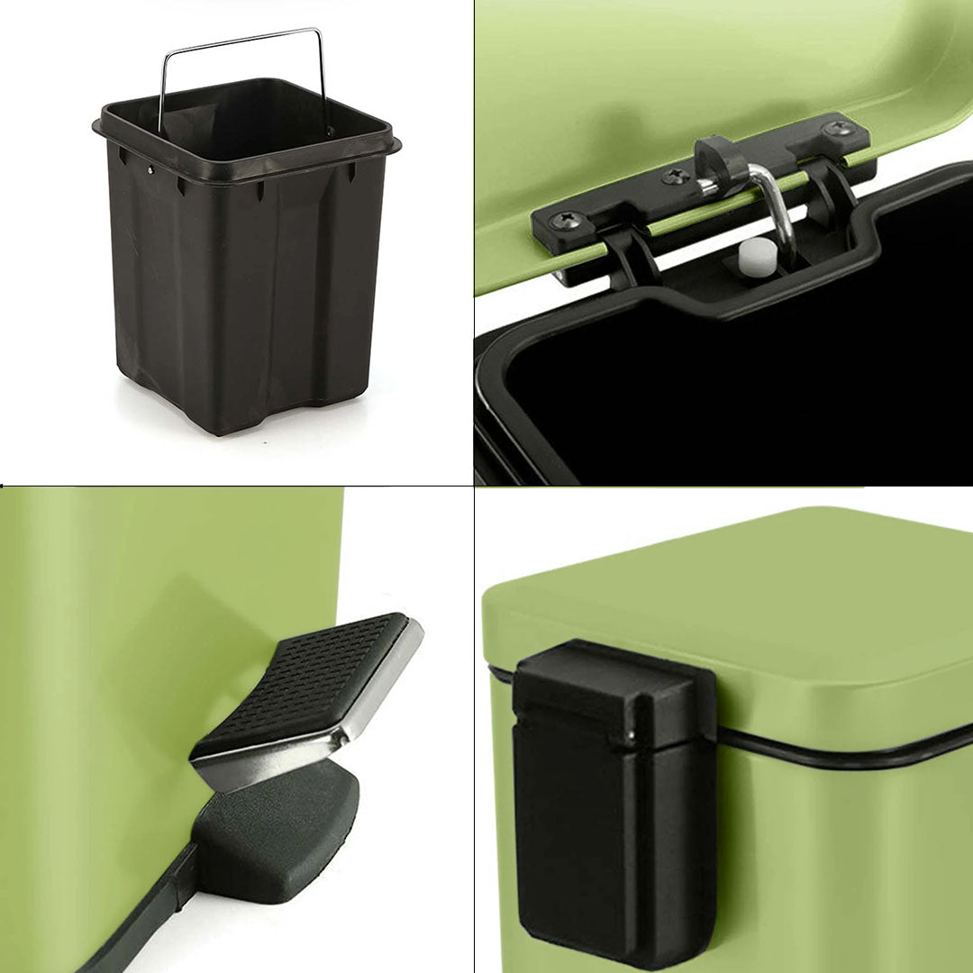 Foot Pedal Stainless Steel Trash Bin Square 12L Green