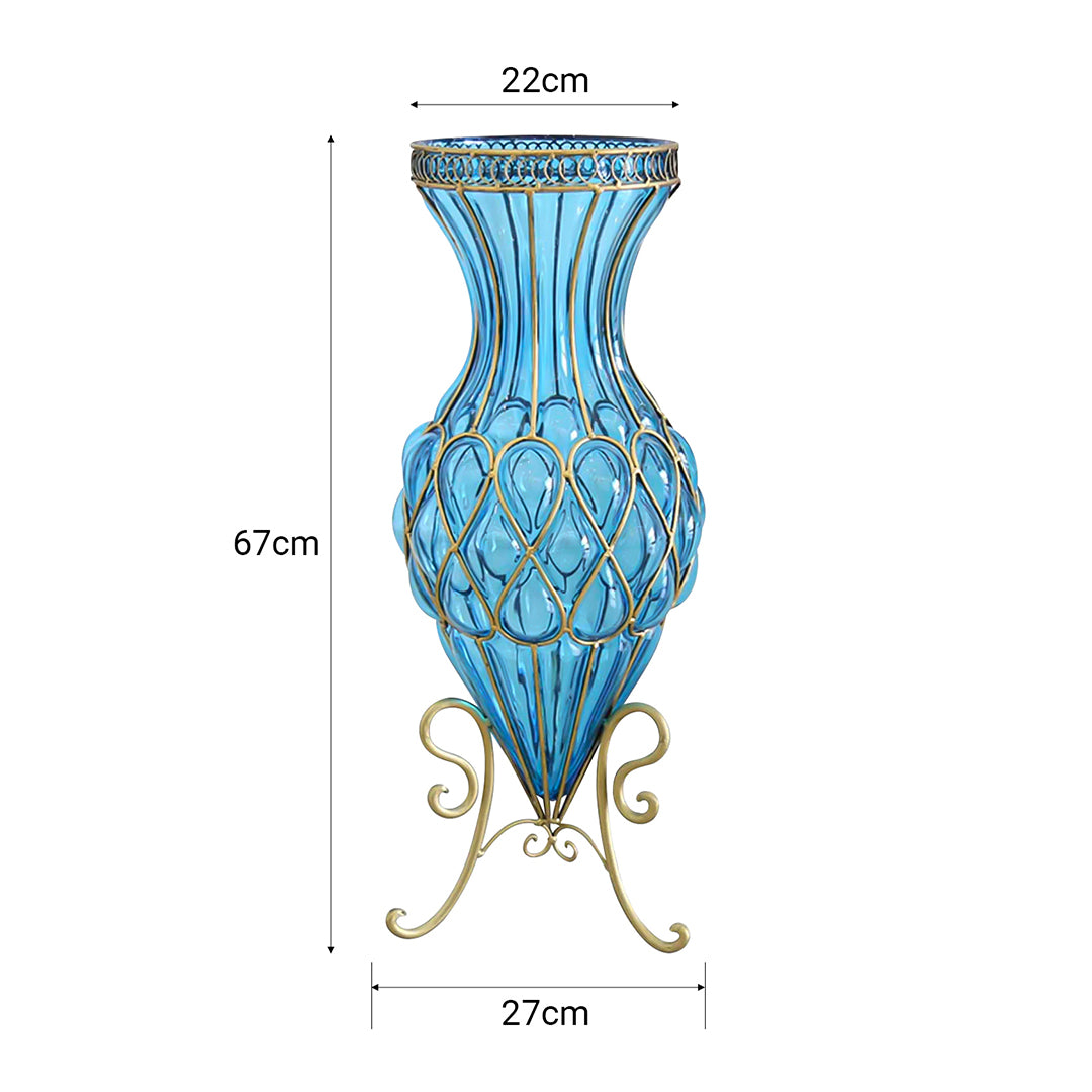 67cm Blue Glass Floor Vase with 10pcs White Artificial Flower Set