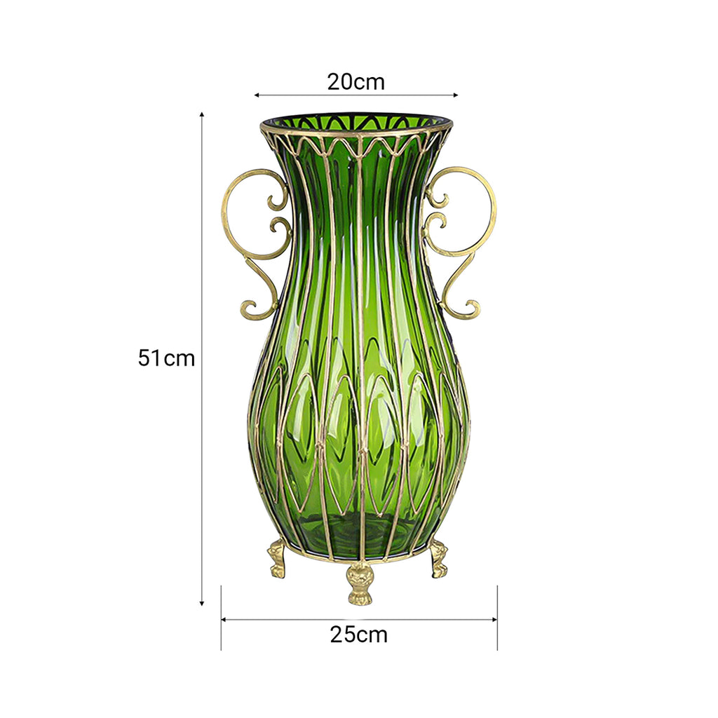 51cm Green Glass Floor Vase with 12pcs White Artificial Flower Set