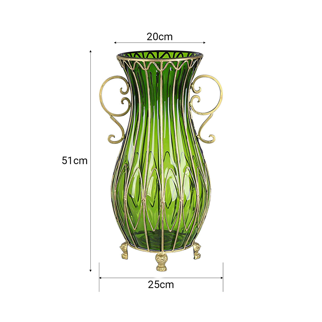 51cm Green Glass Floor Vase with 12pcs White Artificial Flower Set
