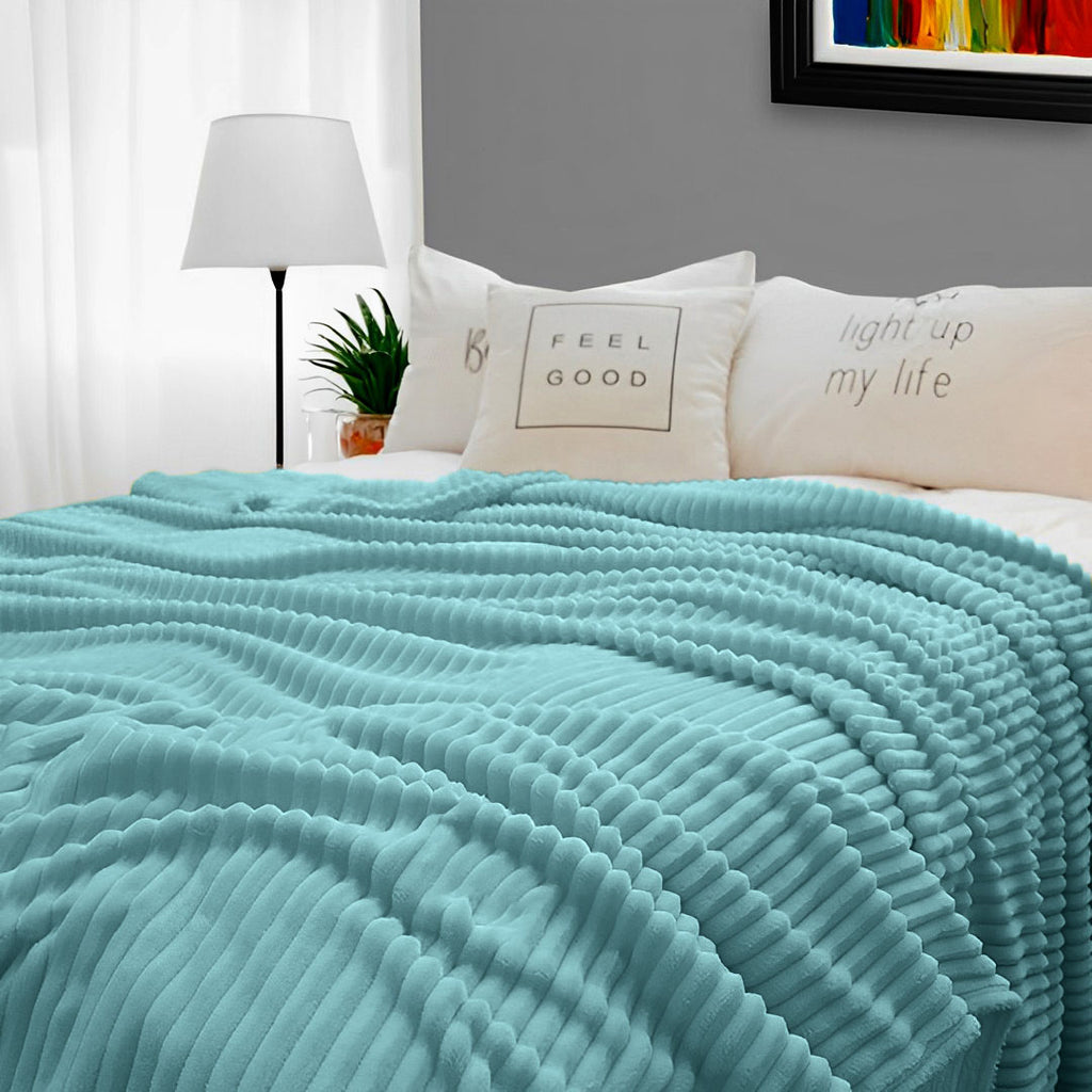 Sky Blue Throw Blanket Warm Cozy Striped Pattern Thin Flannel Coverlet