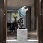 SOGA 86cm Silver Winged Figure Sculpture with Marble Base