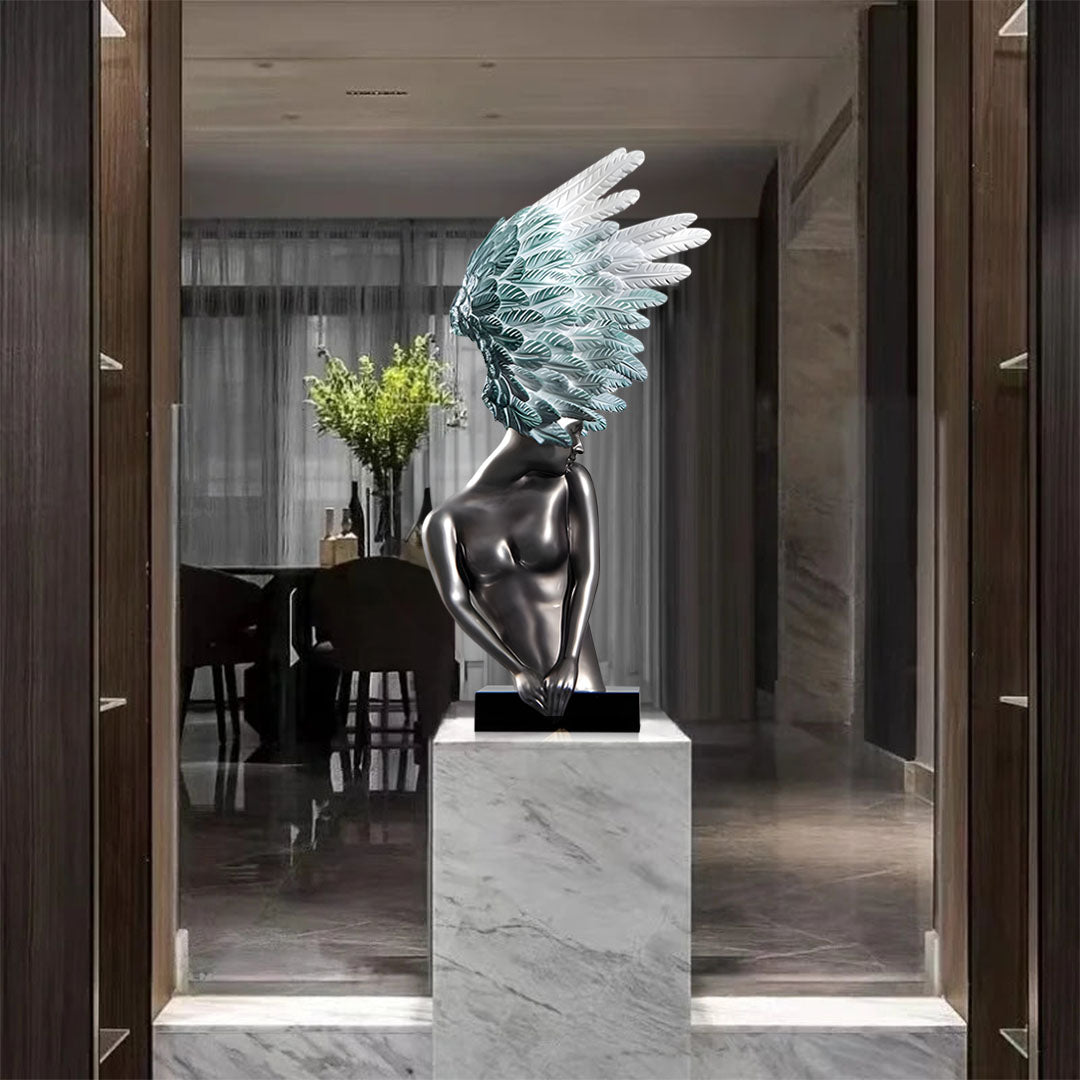 SOGA 86cm Silver Winged Figure Sculpture with Marble Base