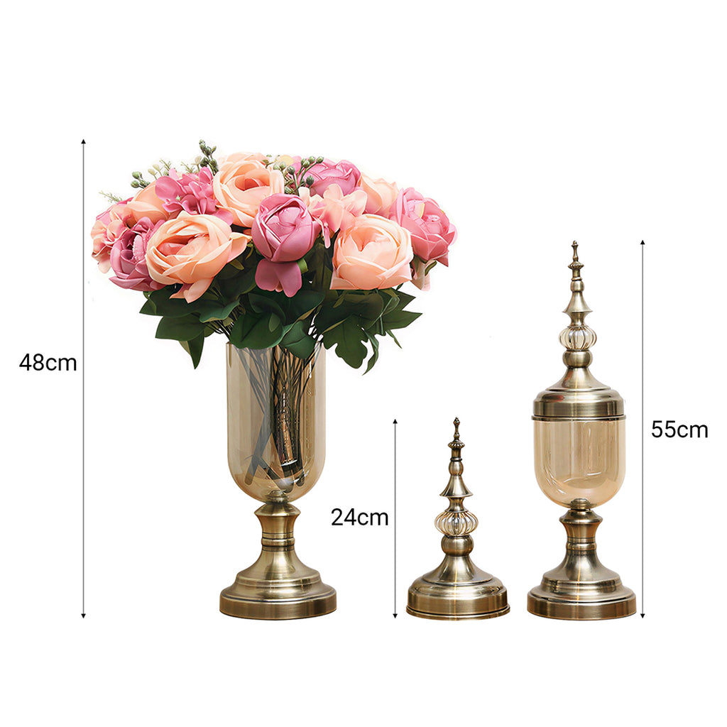 2x Clear Bronze Glass Vase with Lid and Pink Flower Set