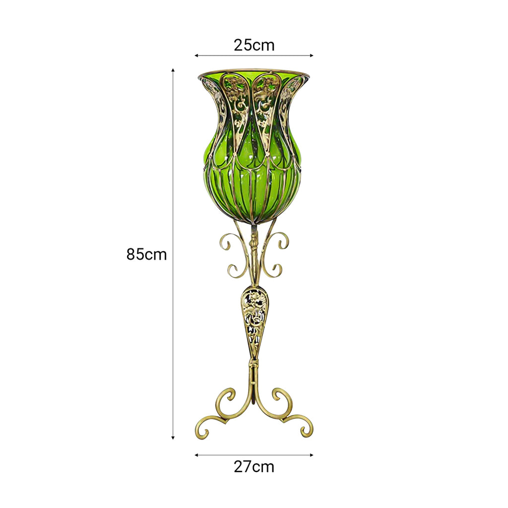 85cm Green Glass Floor Vase and 12pcs Blue Artificial Flower Set