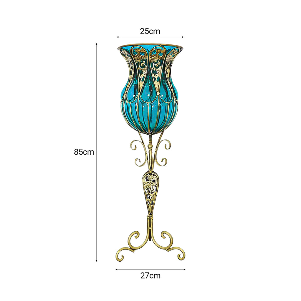 85cm Blue Glass Floor Vase and 12pcs White Artificial Flower Set