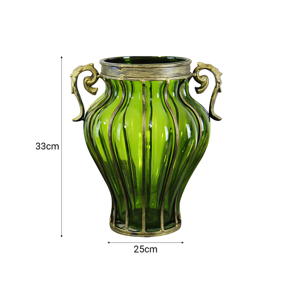 Green European Glass Flower Vase with Two Metal Handle