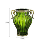 Green European Glass Flower Vase with Two Metal Handle