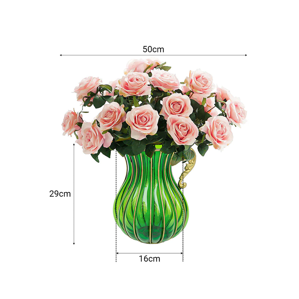 Green Glass Flower Vase with 4 Bunch 9 Heads Artificial Silk Rose Set