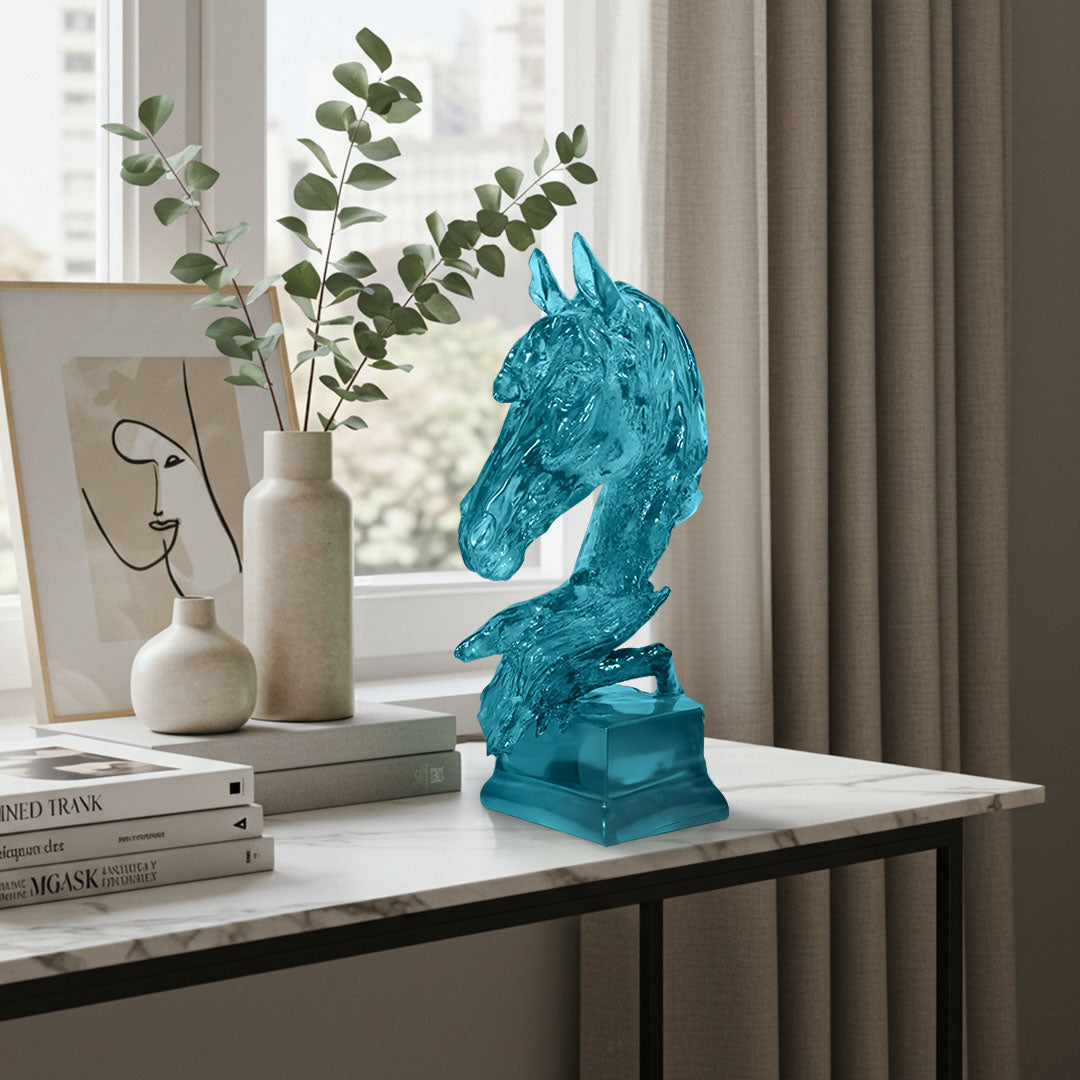 SOGA 37cm Blue Horse Head Resin Sculpture Flowing Mane Design Modern Art for Home Décor
