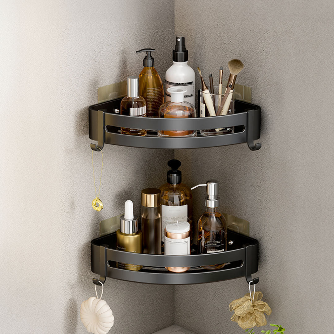 Black Wall-Mounted Triangular Bathroom Storage Rack with Hooks